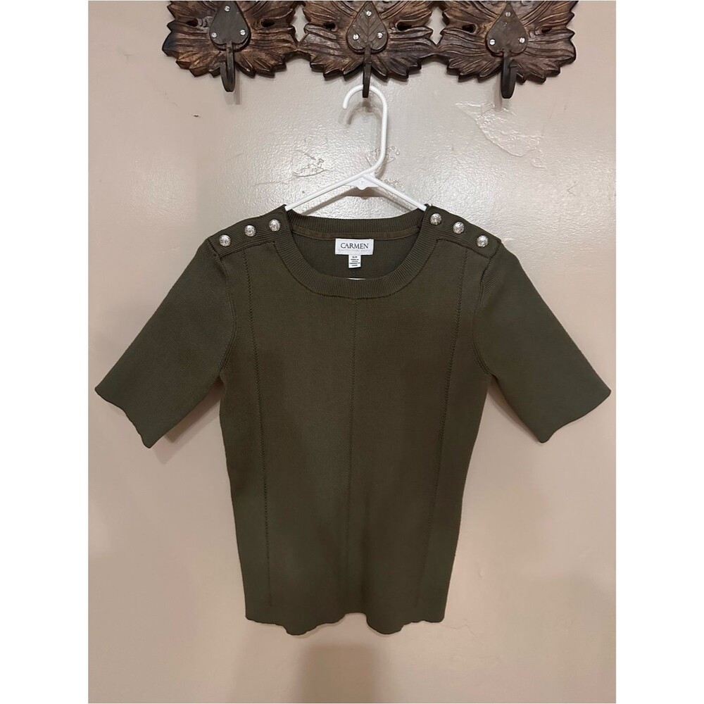 Carmen Marc Valvo Knit Green Olive Top with Shoulder Buttons Size S/P